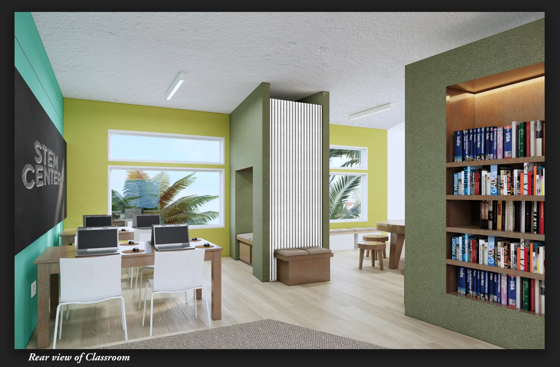 Rear view of a Book Cove™ classroom with a STEM Center work table and a built-in bookshelf